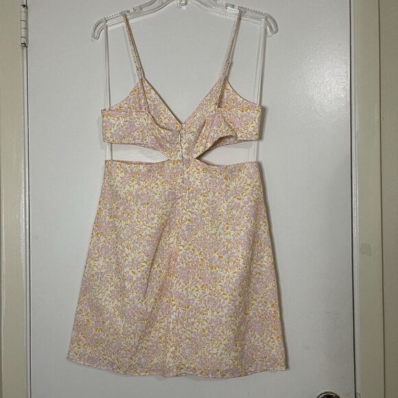 Zara Orange Multi floral side cutout mini tank shift Linen dress size US Large - Picture 5 of 7